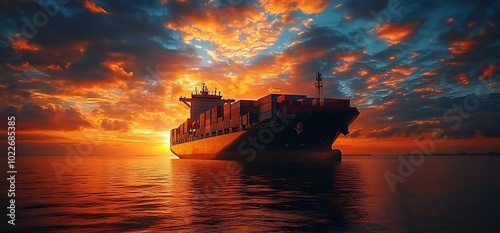 Cargo ship at sunset on the ocean.