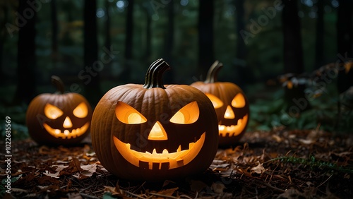 Halloween Night in the Forest: Carved Pumpkins Illuminated by Candlelight in a Spooky Setting