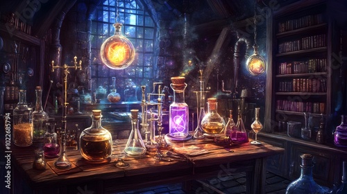 Mystical Alchemy Laboratory with Swirling Potions and Magical Apparatus