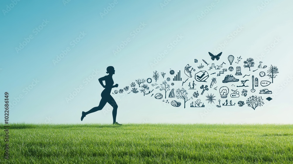 A silhouette of a person running through a park, with hand drawn details of fitness goals and milestones, depicting the dedication and perseverance required for fitness. A silhouette of a person running through a park, with hand drawn details of fitness goals and milestones, depicting the dedication and perseverance required for fitness.