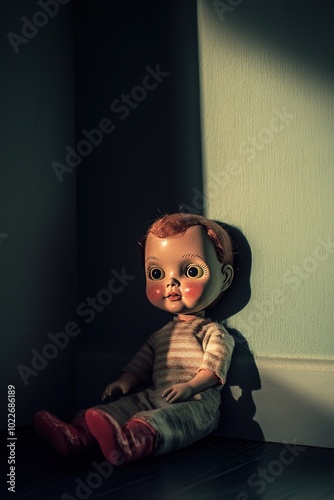 Vintage doll in shadow with eerie lighting photo