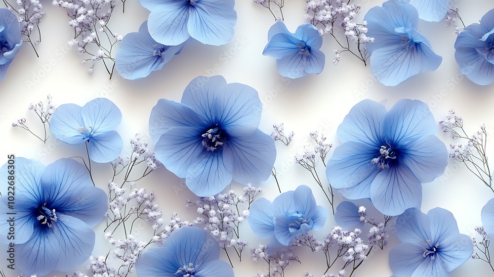 Soft pastel bluebells and baby’s breath, light blue and lavender hues, intricately woven in a seamless floral pattern, hd quality, detailed petals, soft shadows and glowing light, Soft pastel bluebells and baby’s breath, light blue and lavender hues, intricately woven in a seamless floral pattern, hd quality, detailed petals, soft shadows and glowing light,