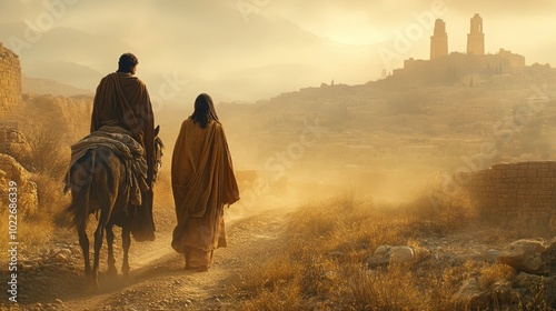 Mary and Joseph journeying through the dusty roads of Jerusalem towards Bethlehem, with Mary riding on a donkey.