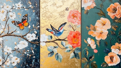 A vibrant artwork featuring butterflies and flowers across three panels, blending soft colors and intricate details for a stunning visual effect.