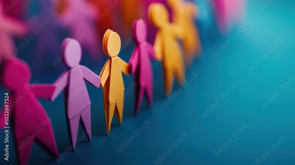 Colorful paper cutouts of people linked together, symbolizing unity and collaboration against a blurred background. Colorful paper cutouts of people linked together, symbolizing unity and collaboration against a blurred background.