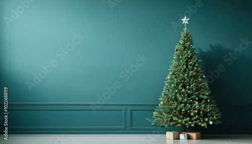 A Christmas tree is standing in front of a green wall background. The tree is decorated with many ornaments and a star on top. The room is empty and has a simple, minimalist design