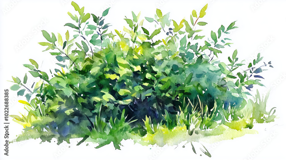 Obraz premium Watercolor painting of a lush green bush with leaves and blades of grass.