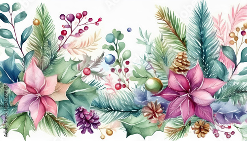 Watercolor painting of a Christmas tree with a blue and pink ornament. The tree is surrounded by green leaves and pink flowers.