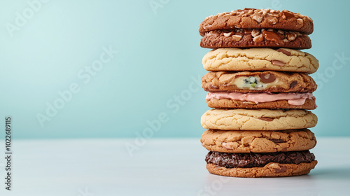  A tall stack of large, thick cookies with different flavors and fillings, neatly arranged on a light background