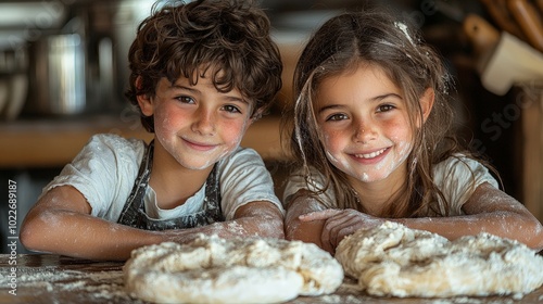 Two joyful children baking dough in a rustic kitchen, covered in flour, sharing smiles.