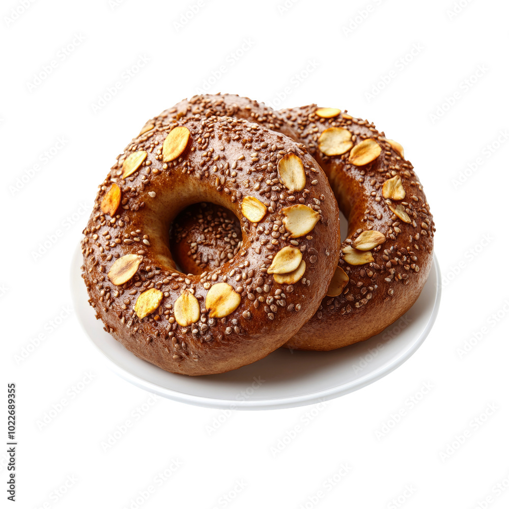 Freshly Baked Sesame Seed and Almond Bagels on a White Plate Freshly Baked Sesame Seed and Almond Bagels on a White Plate