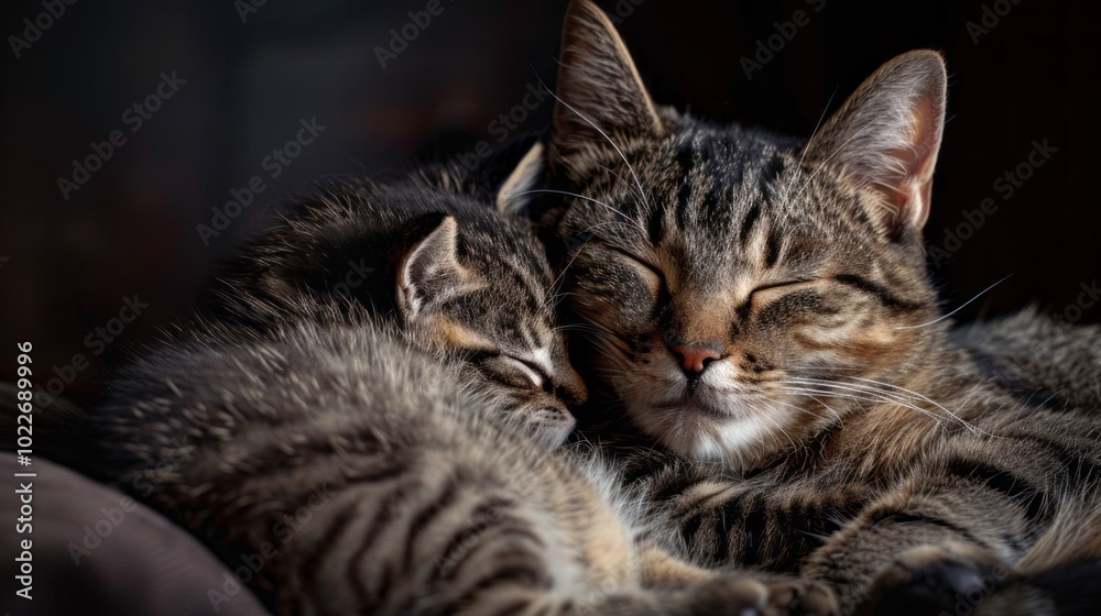 Two cats are sleeping together on a couch Two cats are sleeping together on a couch