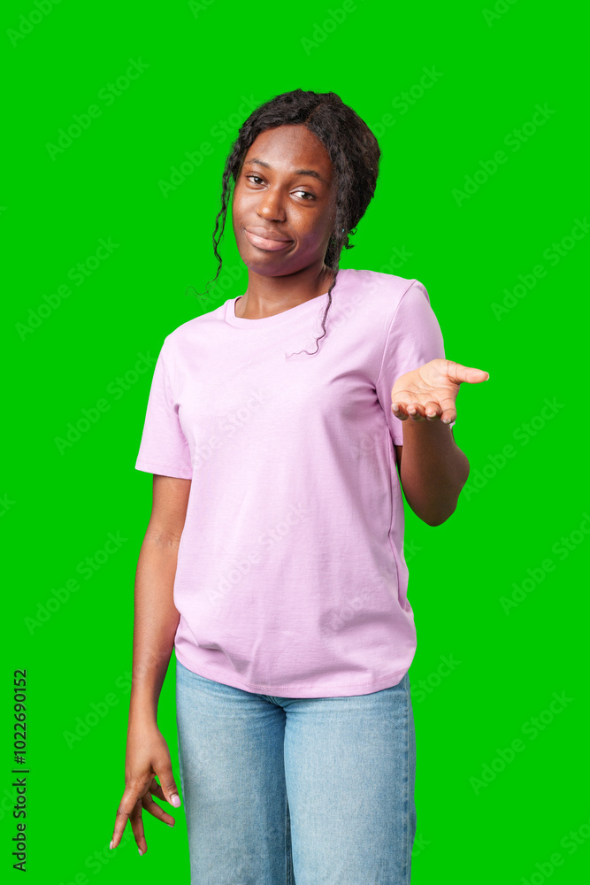 Young woman with curly hair shows a skeptical expression against a bright green background