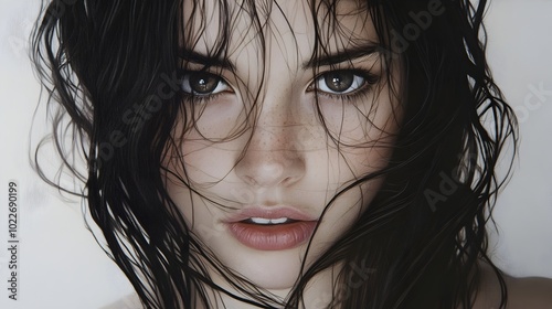 Captivating Dark Haired Woman s Portrait with Hypnotizing Gaze and Intense Emotions photo