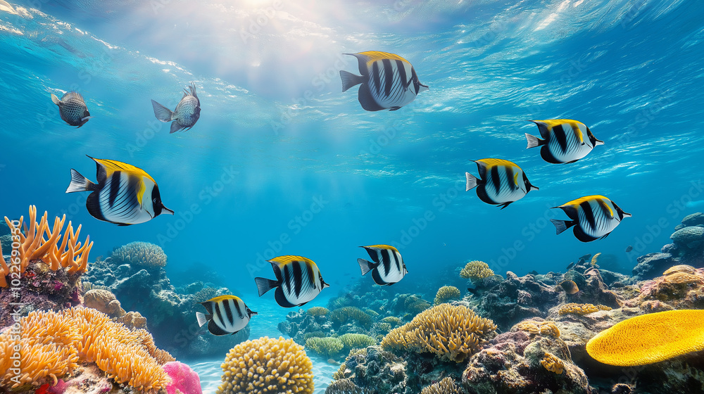 Fototapeta premium Tropical fish swimming over a vibrant coral reef.