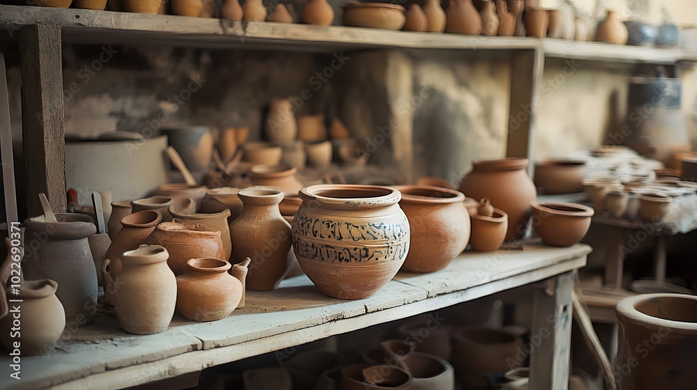 A rustic pottery workshop with various clay pots and tools A rustic pottery workshop with various clay pots and tools