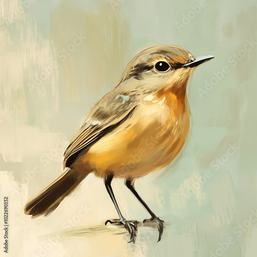 A detailed painting of a small yellow and brown bird with a long tail.