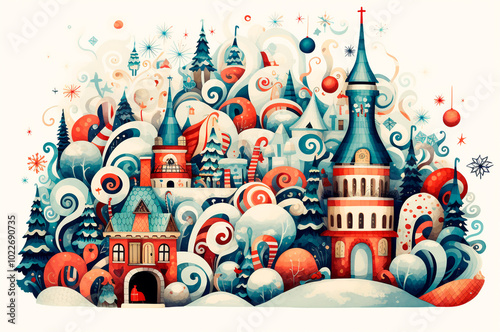 Christmas card, Christmas houses, fir trees, snow