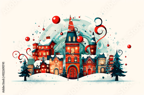 Christmas houses. Christmas design, illustration