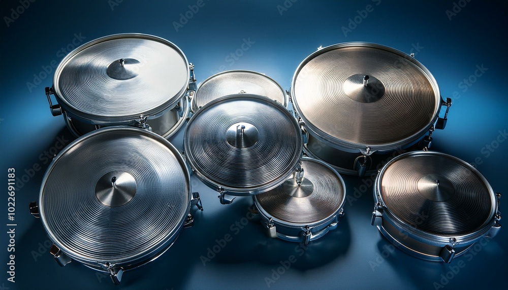 A set of polished steel pan drums on clean background. A set of polished steel pan drums on clean background.