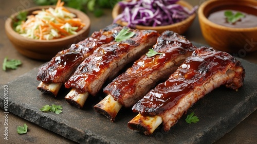 Delicious glazed ribs with sides of salad and sauce on a rustic slate surface, tantalizing.