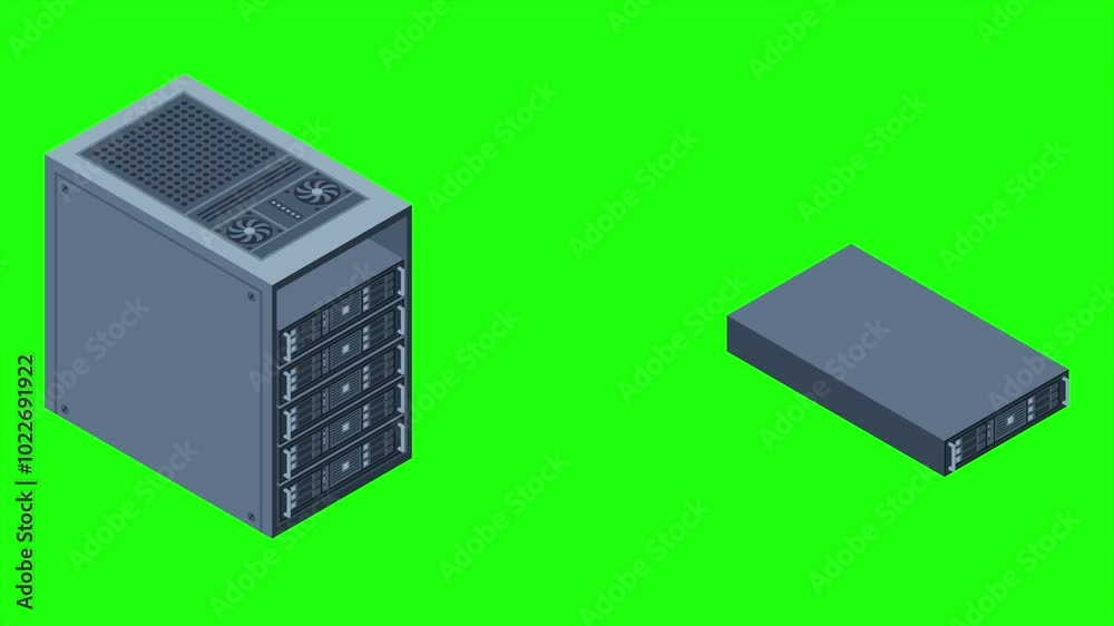 Isometric server animation. Server racks. Server boxes isolated. Network server room. Computer network technology. 4K video animated in isometric style Isometric server animation. Server racks. Server boxes isolated. Network server room. Computer network technology. 4K video animated in isometric style
