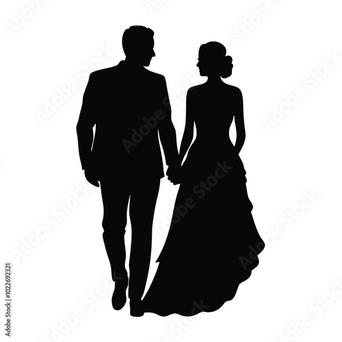 a romantic couple walking with holding hands vector silhouette isolated white background