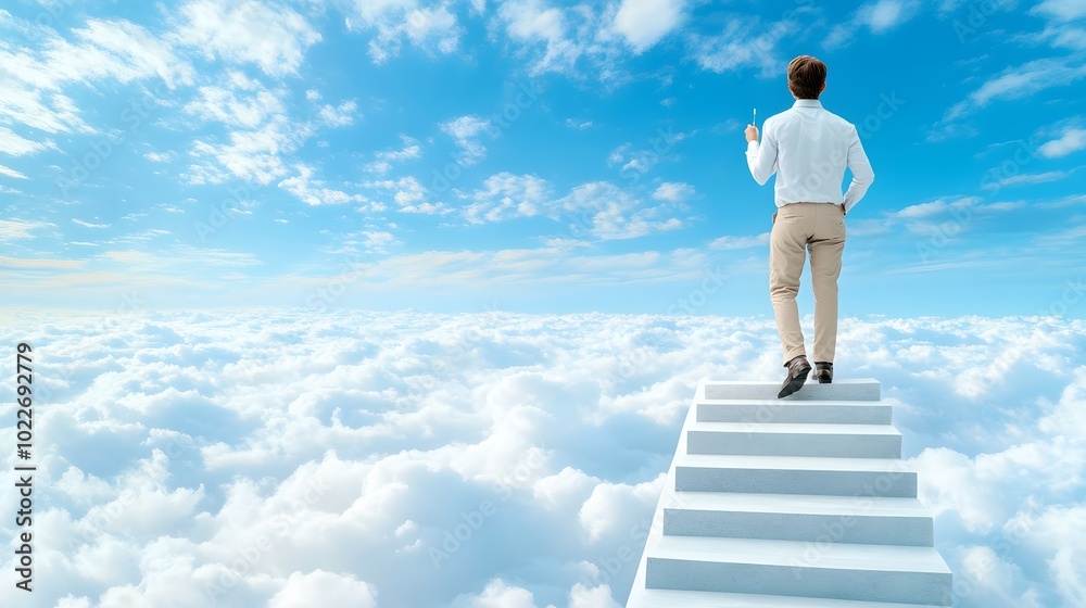 A person ascends a staircase above the clouds, symbolizing aspiration and freedom against a bright blue sky. A person ascends a staircase above the clouds, symbolizing aspiration and freedom against a bright blue sky.