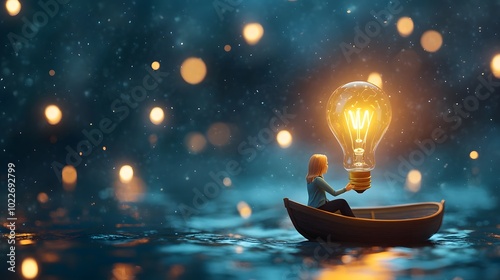 A serene scene of a person in a boat holding a glowing light bulb, surrounded by sparkling lights on a dark water background.