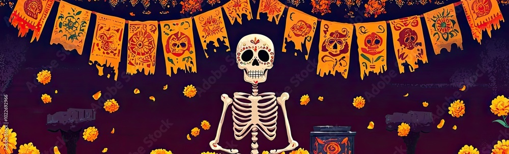 A vibrant skeleton themed altar adorned with marigolds and decorative banners for Day of the Dead celebration. A vibrant skeleton themed altar adorned with marigolds and decorative banners for Day of the Dead celebration.