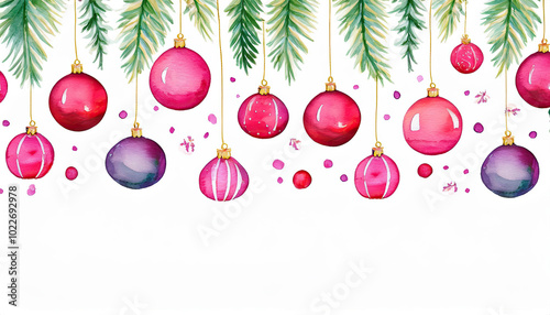 A watercolor painting of Christmas tree with many red and purple Christmas ball ornaments hanging from the branches with copy space for text in concept of xmas holiday festival.