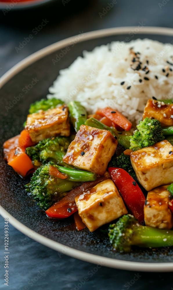 Tofu and vegetable stir fry with rice. Tofu and vegetable stir fry with rice.