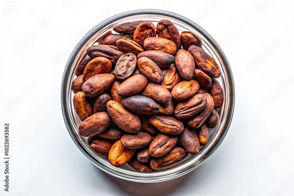 Aerial View of Dried Roasted Cocoa Beans in a Glass on White Background - High-Quality Stock Photo Aerial View of Dried Roasted Cocoa Beans in a Glass on White Background - High-Quality Stock Photo