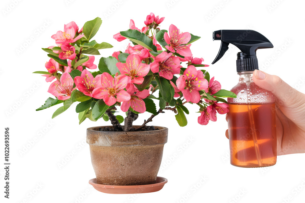 Naklejka premium Hand holding water spray bottle and pouring in flowerpot on transparent background.