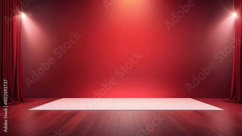 The striking red curtains surround the stage illuminated by spotlights, creating an attractive atmosphere. Give the product empty space for text. photo