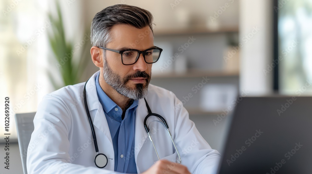 A focused doctor working on a laptop, wearing a lab coat and stethoscope, representing modern healthcare and telemedicine. A focused doctor working on a laptop, wearing a lab coat and stethoscope, representing modern healthcare and telemedicine.