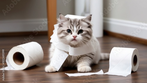 A chubby Scottish Fold kitten plays with toilet paper in the bathroom.