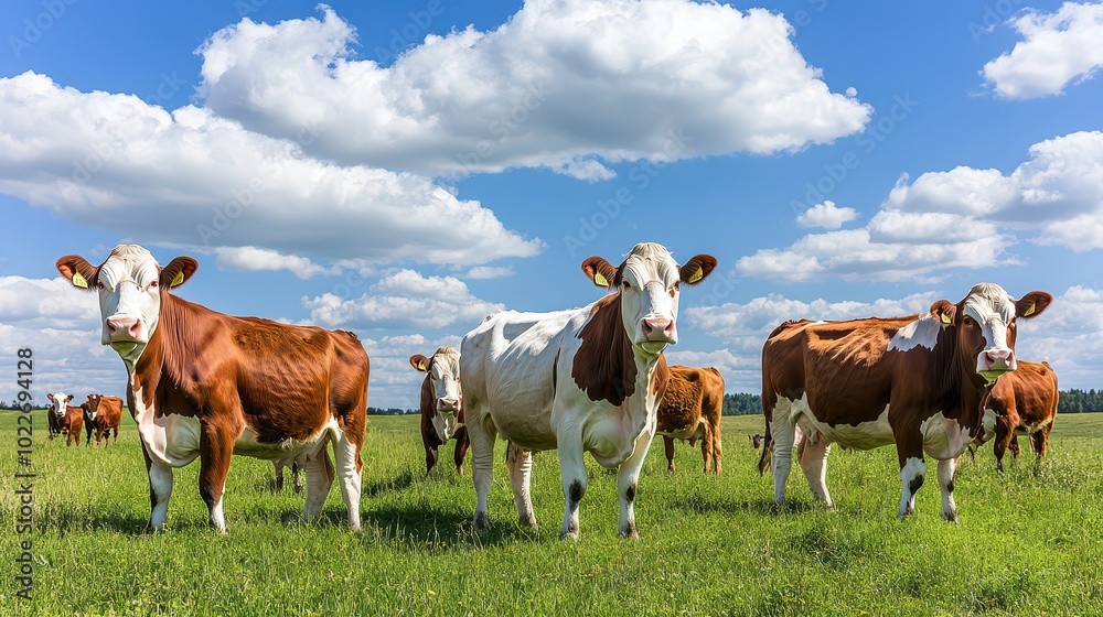 A group of brown and white cows grazing peacefully in a green field under a bright blue sky with fluffy clouds. A group of brown and white cows grazing peacefully in a green field under a bright blue sky with fluffy clouds.