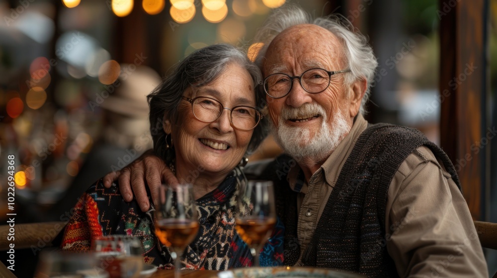 A joyful couple sharing a warm moment over drinks in a cozy restaurant as soft lights twinkle in the background. Generative AI A joyful couple sharing a warm moment over drinks in a cozy restaurant as soft lights twinkle in the background. Generative AI