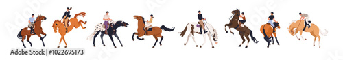 Disobedient horse set. Unruly bad behavior, disobedience problem. Stallions resisting riders training. Dangerous wild equine animals misbehaving. Flat vector illustration isolated on white background