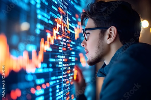 A man analyzes digital data on a screen displaying vibrant graphs and metrics, showcasing modern technology and financial insights.