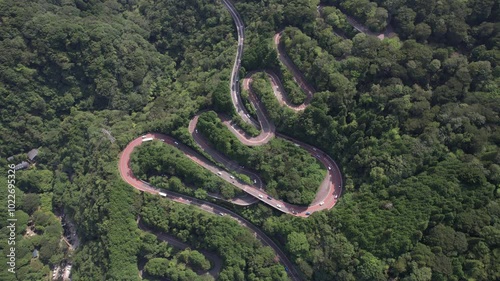 Aerial view of a winding mountain road in Fuji-Hakone Izu National Park, Japan