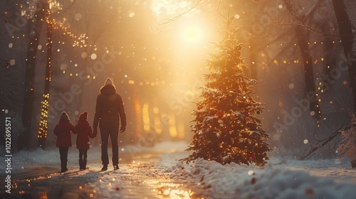 A winter stroll through a snow-covered park illuminated by soft lights at sunset with a family of three. Generative AI