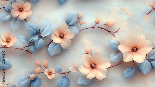 Soft pastel-colored vintage floral vines, pale blue and light pink tones, seamless repeating pattern, hd quality, delicate shading, elegant leaves and flowers, softly textured background,