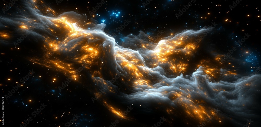 Abstract cosmic landscape with golden clouds and scattered stars. Abstract cosmic landscape with golden clouds and scattered stars.