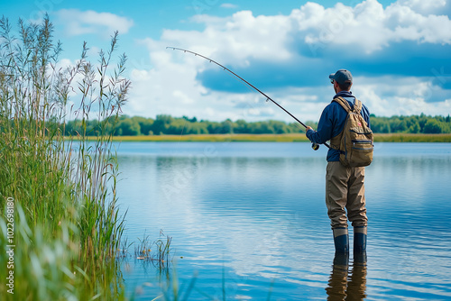 A man standing in the water with a fishing rod