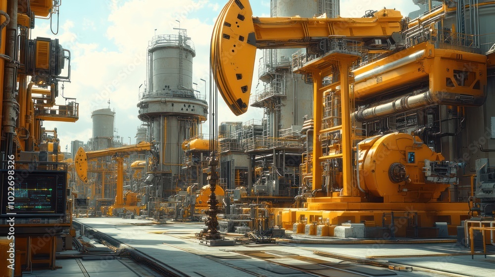 Industrial scene featuring large machinery and storage tanks. Industrial scene featuring large machinery and storage tanks.