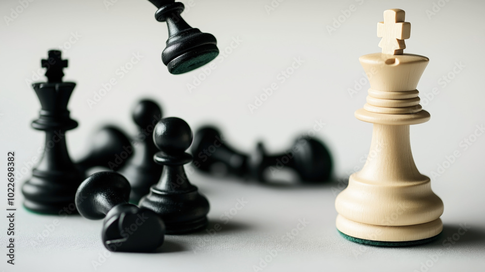 White king chess piece standing on the board with multiple black chess pieces fallen over White king chess piece standing on the board with multiple black chess pieces fallen over
