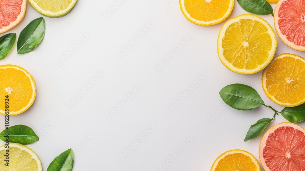 A vibrant arrangement of fresh citrus fruits, including oranges, lemons, limes, and grapefruits, set against a bright and sunny background.