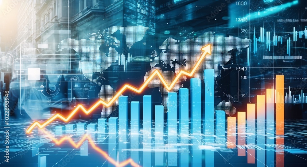 Global Market Growth: An upward trending graph symbolizes global market expansion, overlaid on a cityscape backdrop, signifying economic progress and potential. Global Market Growth: An upward trending graph symbolizes global market expansion, overlaid on a cityscape backdrop, signifying economic progress and potential.